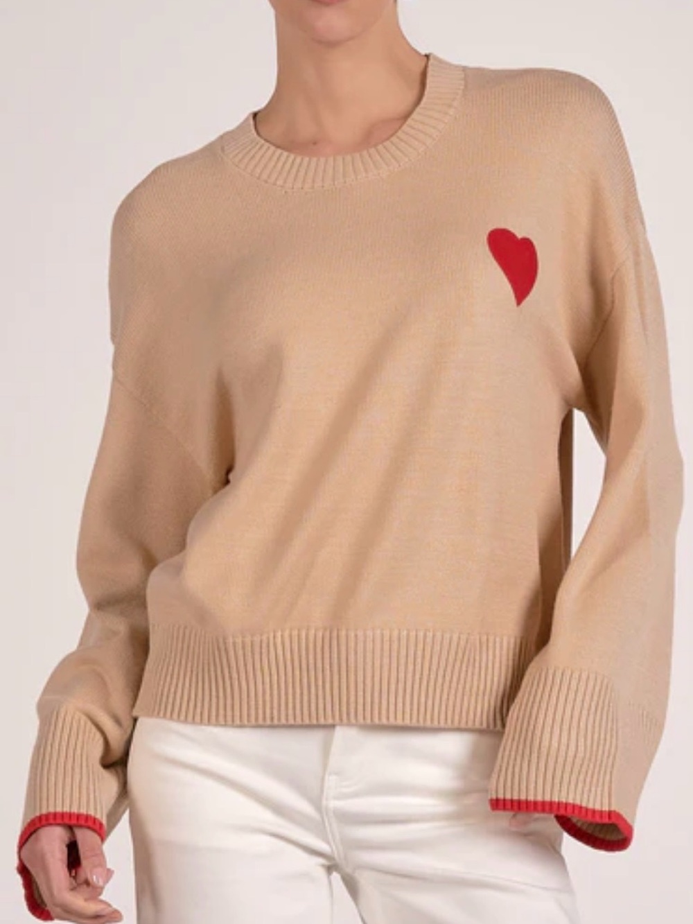 Elan Beige Crewneck Sweater with Red Heart Detail